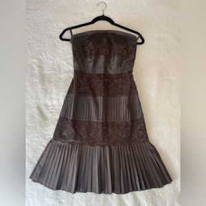 Banana Republic 0P Brown Silk Lace Pleat Strapless Corset Sheath Flare Hem Dress